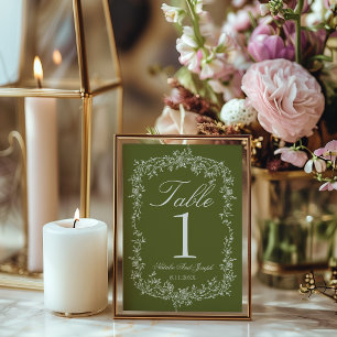 Fantasie Bloemrijke Olijfgroene Trouwtafel Nummer Kaart