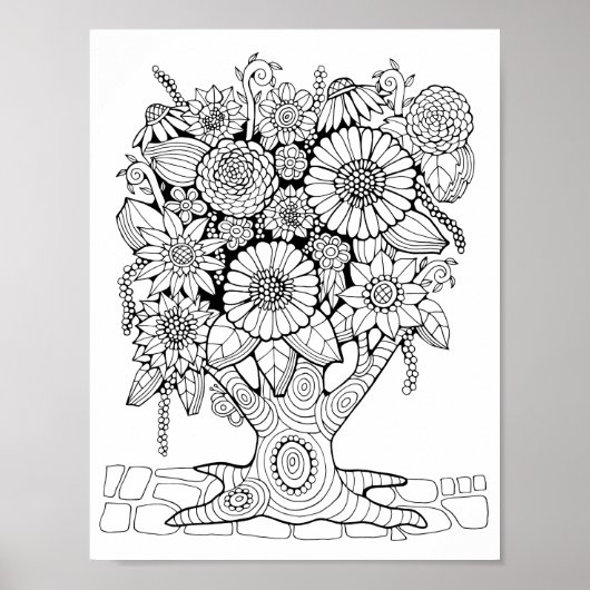 Fantasie Bos Bloem Boom Kleurplaat Art Poster (Voorkant)