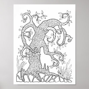 Fantasie Bos Boom Spiraalvormige Kleurplaat Kunst Poster