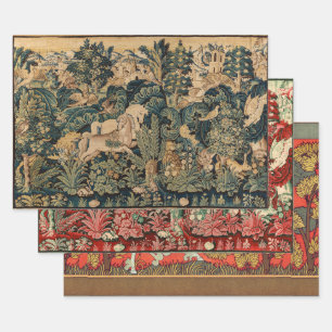 FANTASIE DIEREN, PAARDEN, BOSLAND Rood Blauw Bloem Inpakpapier Vel