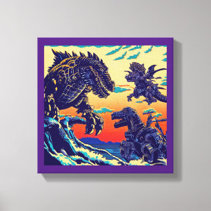 Fantasie Dinosaurus Robots Anime - Woodcut 1 Canvas Afdruk