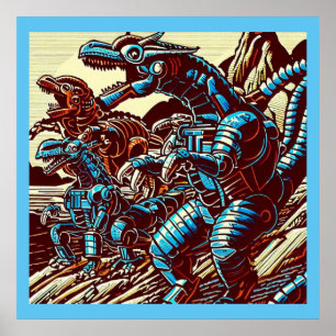 Fantasie Dinosaurus Robots Anime - Woodcut 3 Poster
