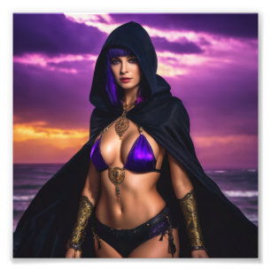 Fantasie Gotische Warlock Babe in Cloak Sunset Foto Afdruk