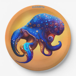 Fantasie kleurrijke octopus in blauw. papieren bordje