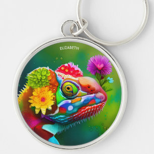 Fantasie Kleurrijke Panter Kameleon met bloemen Sleutelhanger