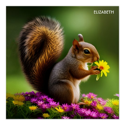 Fantasie Kleurrijke Schattige Eekhoorn met Bloemen Perfect Poster (Voorkant)