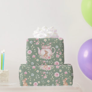Fantasie Konijn Theekan Lente Bloemmotief Cadeaupapier
