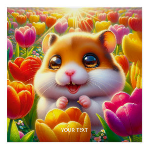 Fantasie Leuke Gelukkige Hamster Tulpen Perfect Poster