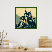 Fantasie middeleeuws kasteel - houtsnede 1 poster (Keuken)