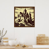 Fantasie middeleeuws kasteel - houtsnede 2 poster (Keuken)