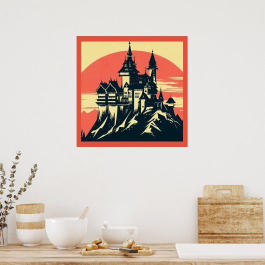 Fantasie middeleeuws kasteel - houtsnede 4 poster (Keuken)