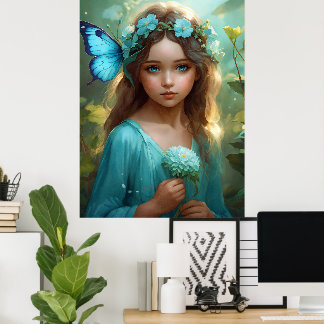 Fantasie mooi cyaan groen fee meisje poster