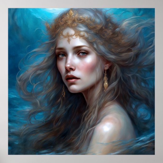 Fantasie Mooie Zeemeermin Prinses Blauw Poster (Voorkant)