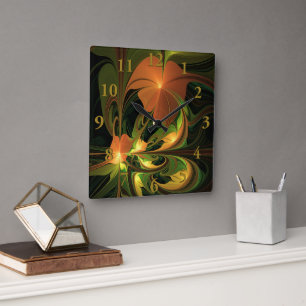 Fantasie Plant Abstract Groen Roest Bruin Fractal Vierkante Klok