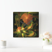 Fantasie Plant Abstract Groen Roest Bruin Fractal Vierkante Klok (Huis)