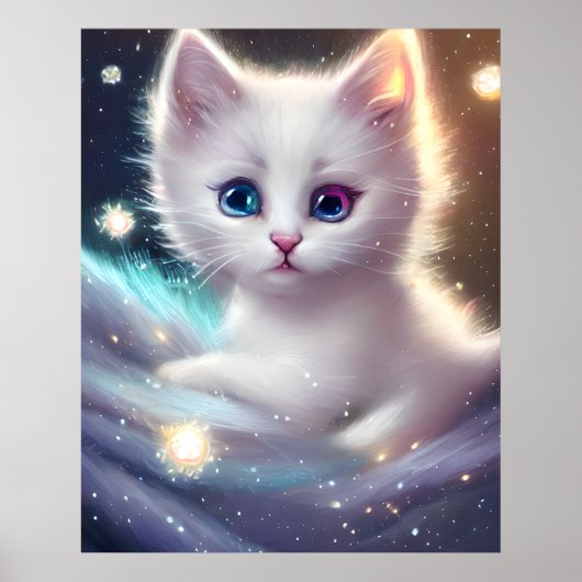 Fantasie pluizig witte kat poster (Voorkant)