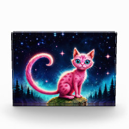 Fantasie roze kat in magische sterrennacht bos fotoblokken