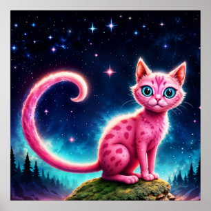 Fantasie roze kat in magische sterrennacht bos poster