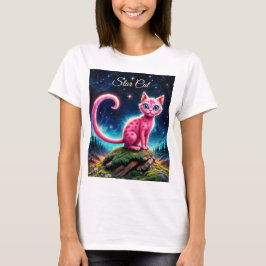 Fantasie roze kat in magische sterrennacht bos t-shirt