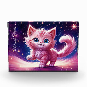 Fantasie roze pluizige kitten felblauwe ogen kunst fotoblokken