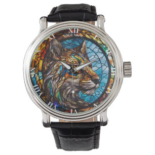 Fantasie Schattige Glas in lood Wolf Horloge