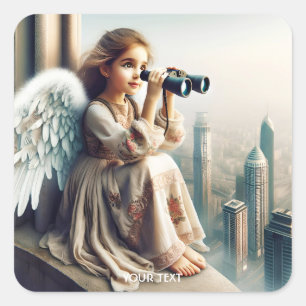 Fantasie Schattige Meisje Stad Binocular Vierkante Sticker