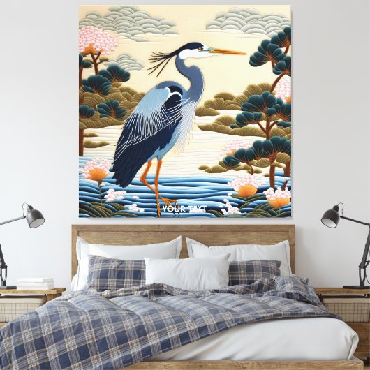 Fantasie Schattige Vivid Japans Heron Blauw Canvas Afdruk (Insitu (Slaapkamer))