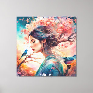 Fantasie Schattige Vivid Meisje Blossom Vogels Canvas Afdruk