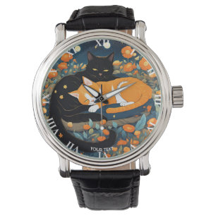 Fantasie Schattige Vivid Zwart Sinaasappel Katten Horloge