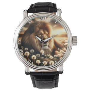 Fantasie Schattigee Leeuw Bloemen Zonsondergang Horloge