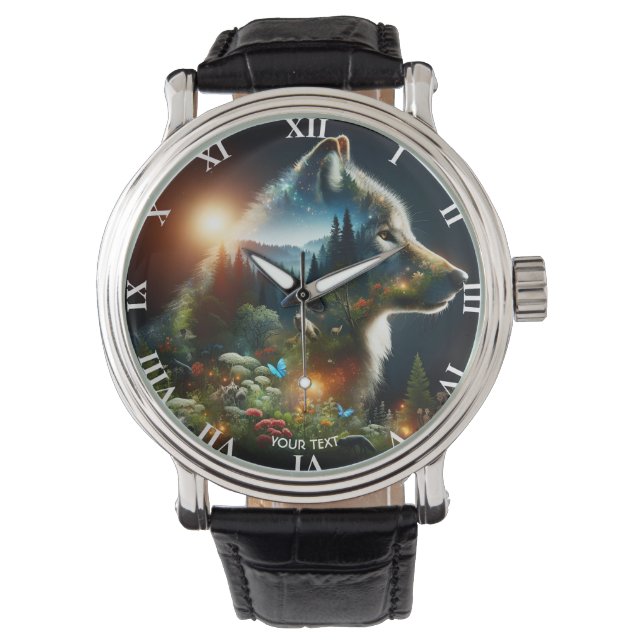 Fantasie Schattigee Wolf Dubbele Expositie Horloge (Voorkant)