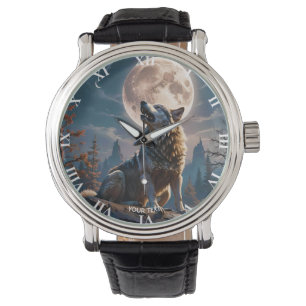 Fantasie Schattigee wolf huilen naar maan Horloge