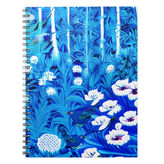 Fantasiebos met bloemen en vogels notitieboek (Voorkant)