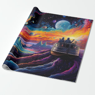 Fantasielandschap met schip en planeten cadeaupapier