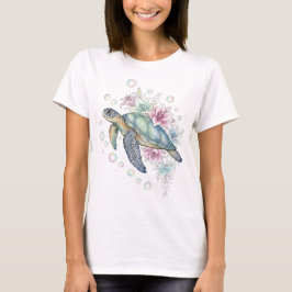 Fantasiemarieneeschildpad met bloemen en parelmoer t-shirt