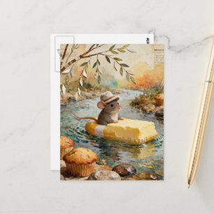 Fantasiemuis die op een boterbadje de rivier afdri briefkaart