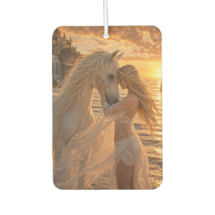 Fantasiest vrouw met witte paard in de zonsonderga luchtverfrisser