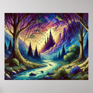 Fantasiestad met betoverd bos en rivier poster