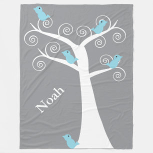 Fantasievolle Blauwe Vogels Grijze Wervelboom Pers Fleece Deken