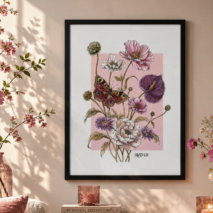 Fantasievolle Botanische Vlinder Bloemkunst Poster