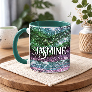 Fantasievolle golvende roze groene Glitter monogra Mok