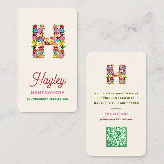 Fantasievolle Lente Bloemige H Monogram Naam Creat Visitekaartje (Voorkant / Achterkant)