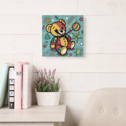 Fantasievolle Patchwork Kerst Teddybeer Vierkante Klok