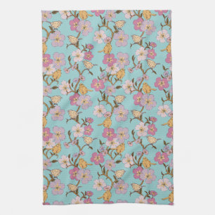Fantasievolle Slapende Bloemen en Vogels - Turquoi Theedoek