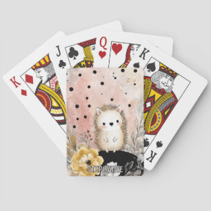 Fantasievolle Watercolor Kunst van Egels en Bloeme Pokerkaarten