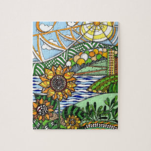Fantasievolle Zentangle Zonnebloemen en Stadslands Legpuzzel