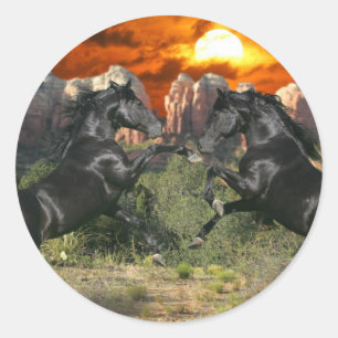 Fantassische paarden: zwarte magische paarden ronde sticker