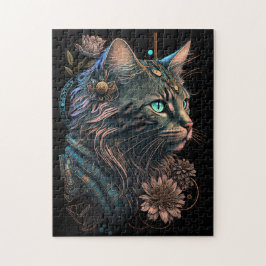 Fantastisch blauwe oogkat met bloemen AI-kunst Legpuzzel