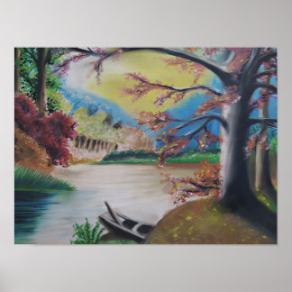 Fantastisch landschap met kleurrijke bomen & stral poster