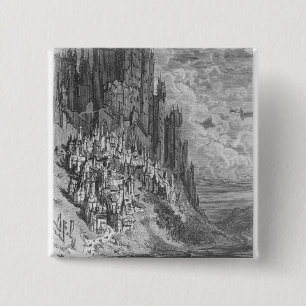 Fantastisch landschap met stad en kasteel vierkante button 5,1 cm